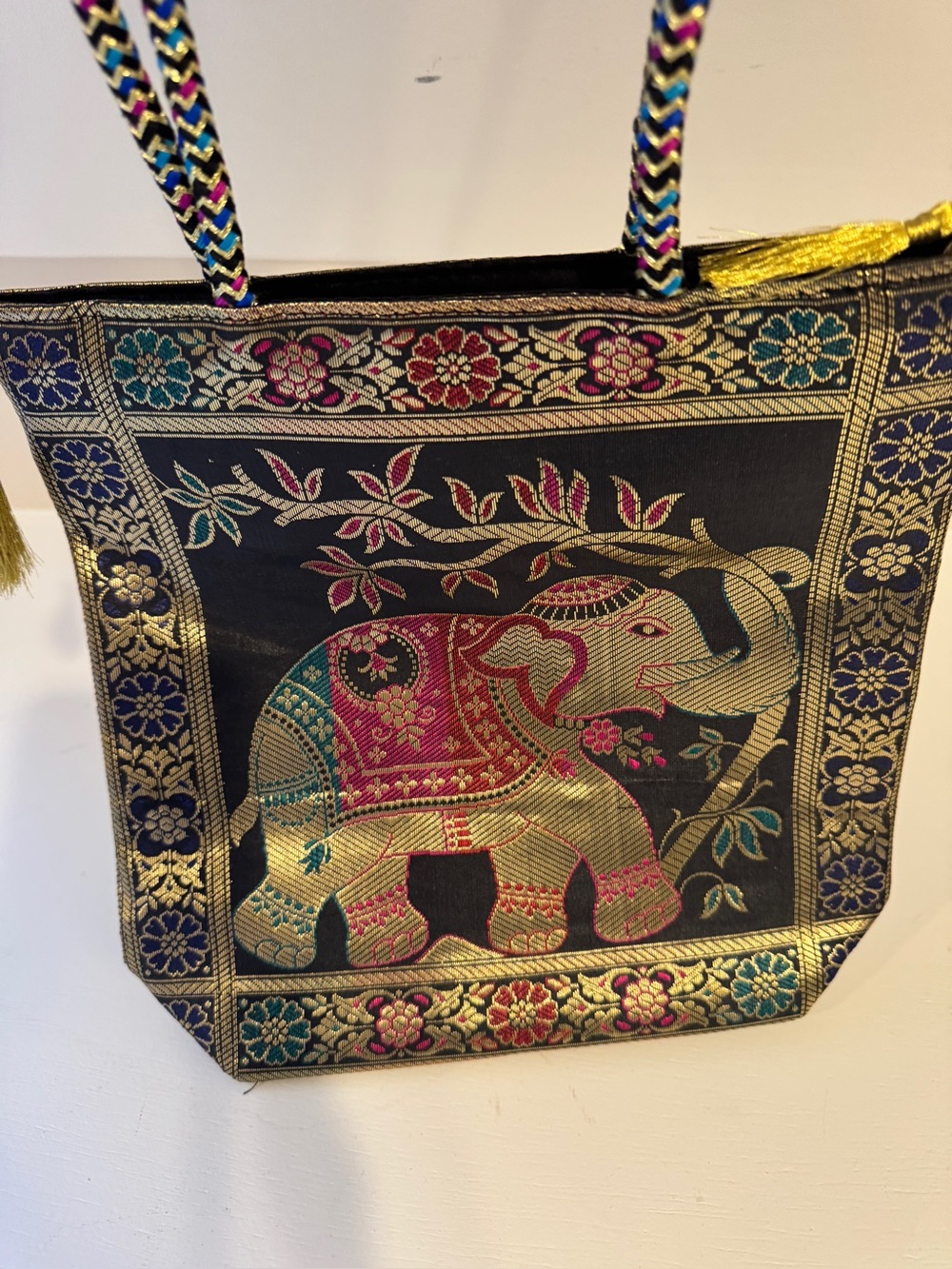Black & Gold Elephant Embroidered Tote Bag - Women